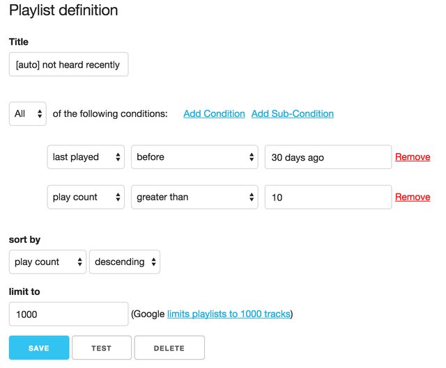 A screenshot of Autoplaylists for Google Music showing declaration of an autoplaylist.