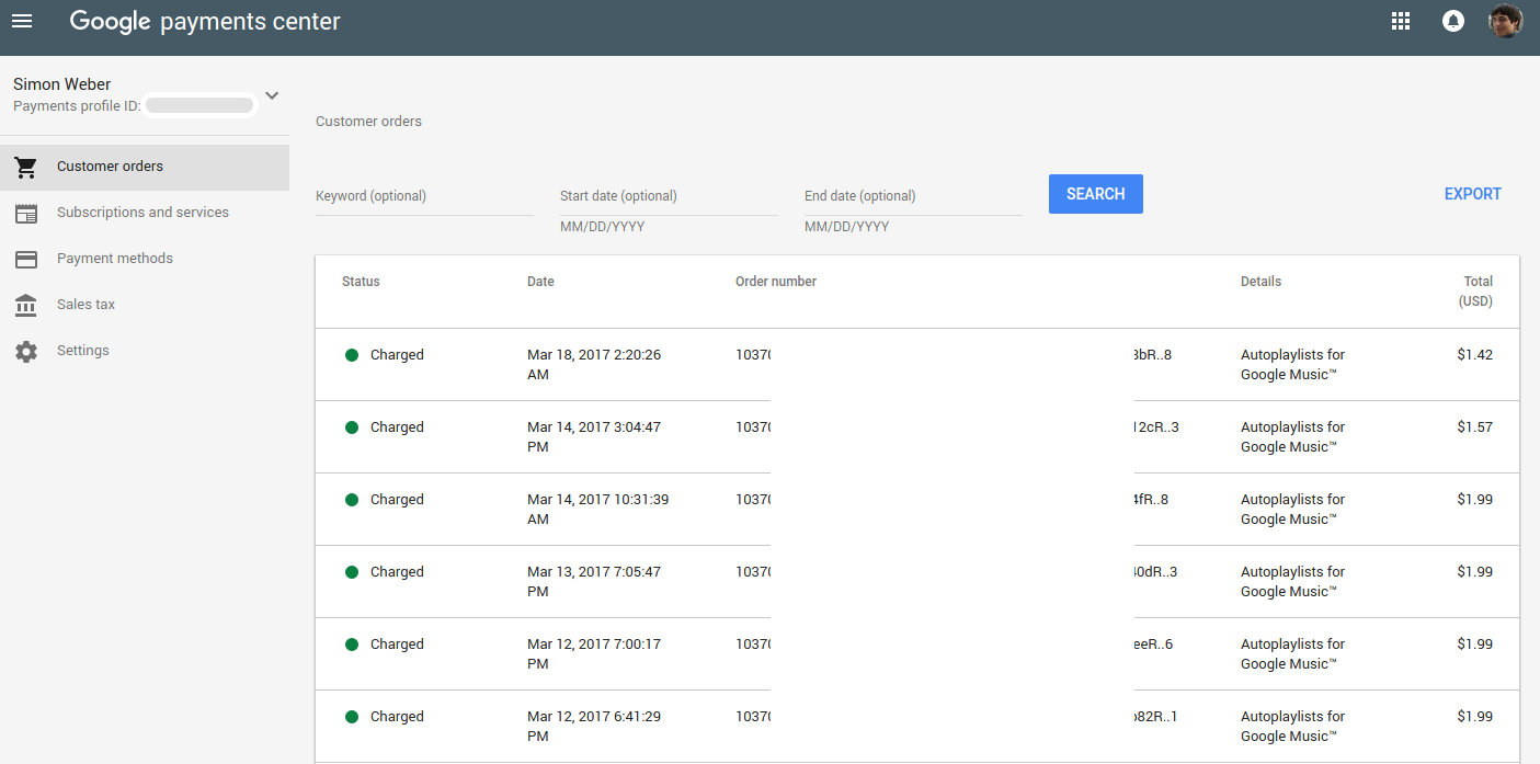 example Google Payments Center orders